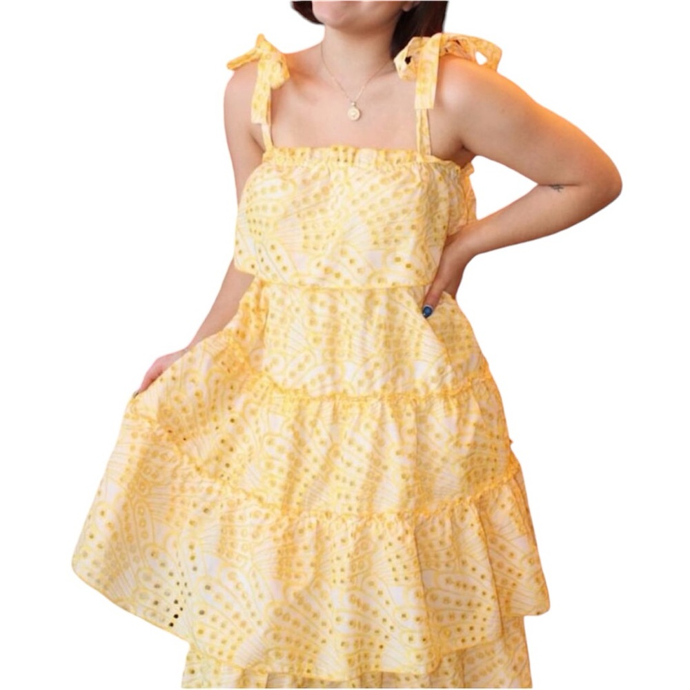 APRICOT LANE FLORAL RUFFLE TIERED DRESS WOMEN'S LARGE EMBROIDERED CUT OUTS